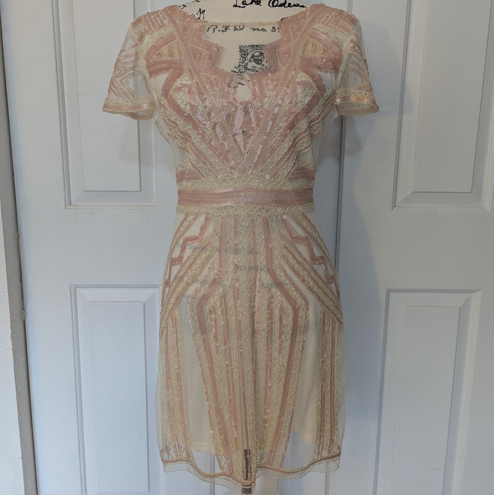 Beige Pink Sequin Dress XS